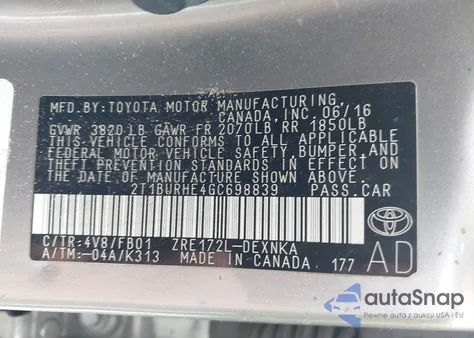 2016 Toyota Corolla Le z USA, uszkodzony, nr VIN 2T1BURHE4GC698839